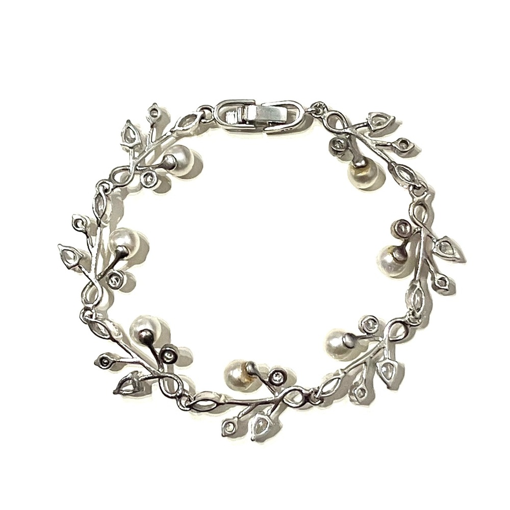 Sterling Silver 925 CZ Faux Pearl Clusters Vines Bracelet 6” - Picture 2 of 8